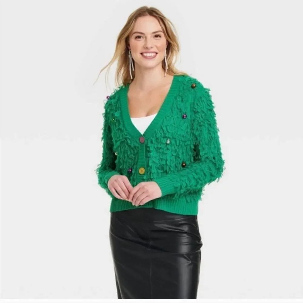 🆕🧑🏽🎄33 Degrees Fringed Green Jingle Bell Christmas Cardigan